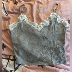 Gray Lace Trim Ribbed Women's Top